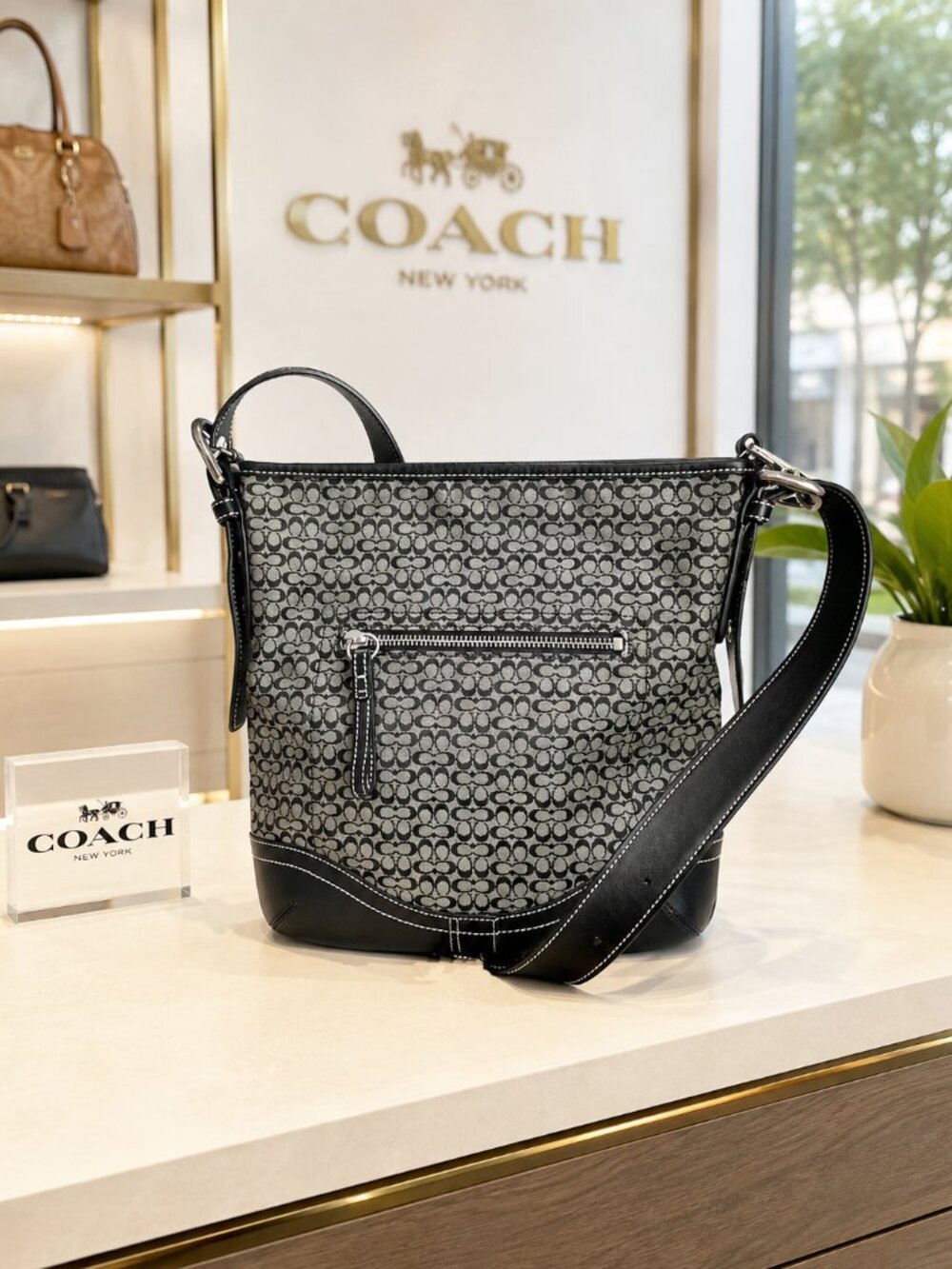 COACH F10944 Crossbody Signature Bag Jacquard Leather Grey-Brown-Black